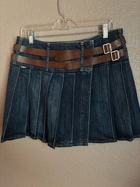 Burberry Dark Blue Denim Pleated Mini Skirt with Brown Double Belts